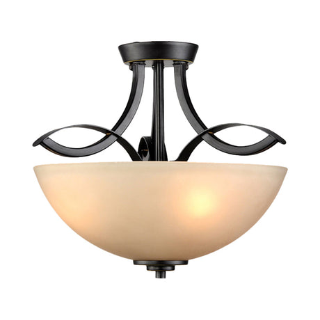 Rustic Frosted Glass Ceiling Light: Black Semi Flush 3-Bulb Bowl For Bedroom