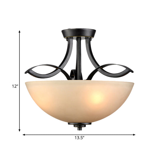 Rustic Frosted Glass Ceiling Light: Black Semi Flush 3 - Bulb Bowl For Bedroom