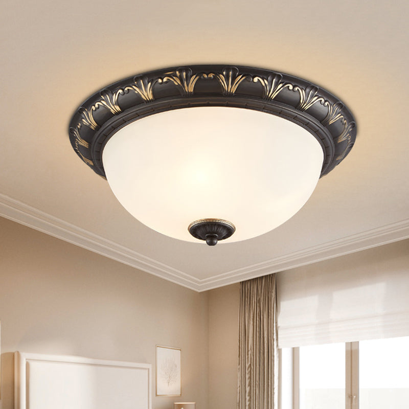 Flush Mount Ceiling Light Fixture With White Glass Dome For Bedroom - 2/3 Heads Black 12/15.5 W / 12