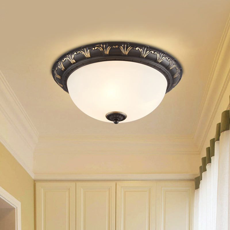 Flush Mount Ceiling Light Fixture With White Glass Dome For Bedroom - 2/3 Heads Black 12/15.5 W