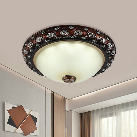 Rustic Bowl White Glass Flush Mount Lamp With Rose Pattern Trim - 2/3-Bulb Light Fixture (12/15.5 W)