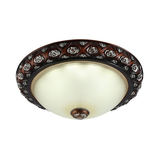 Rustic Bowl White Glass Flush Mount Lamp With Rose Pattern Trim - 2/3-Bulb Light Fixture (12/15.5 W)