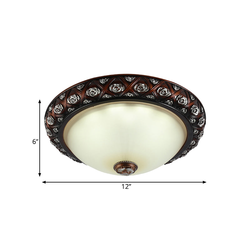 Rustic Bowl White Glass Flush Mount Lamp With Rose Pattern Trim - 2/3-Bulb Light Fixture (12/15.5 W)