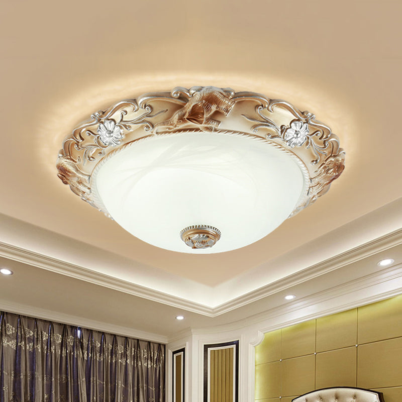 Rustic White Glass Bowl Flush Mount Light With Carved Edge - 2/3 Bulbs 13/17 Wide / 13