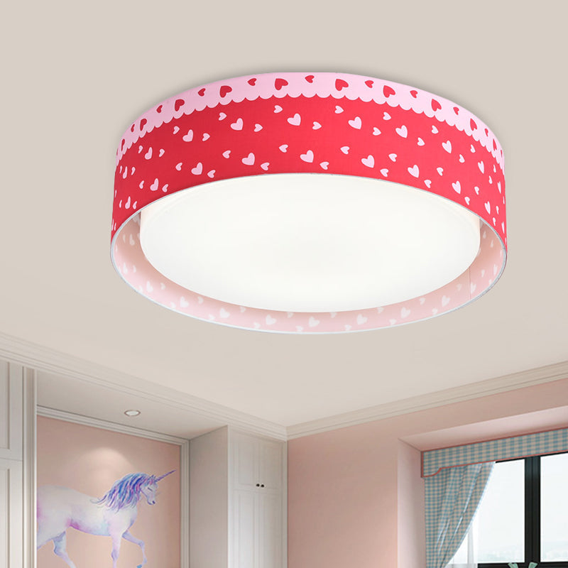 Red Kids Loving Heart Drum Flushmount Acrylic Led Ceiling Light For Childrens Bedroom