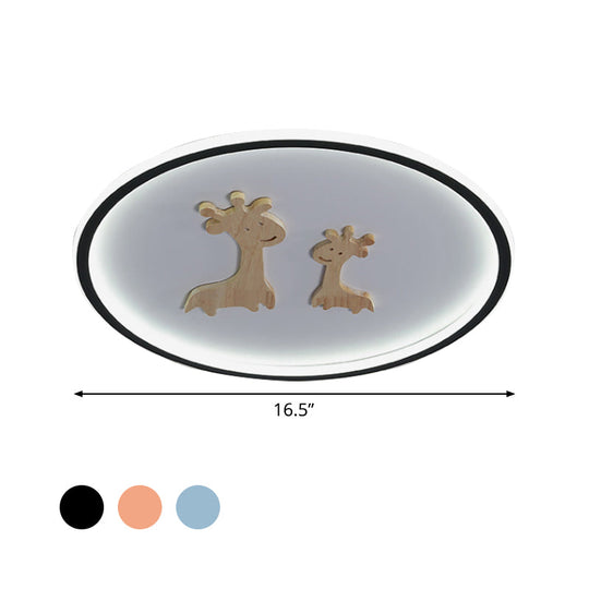 Kids Deer Pattern Oval Flush Mount Light - Acrylic Led Ceiling Lamp For Bedroom (Blue/Pink/Black)