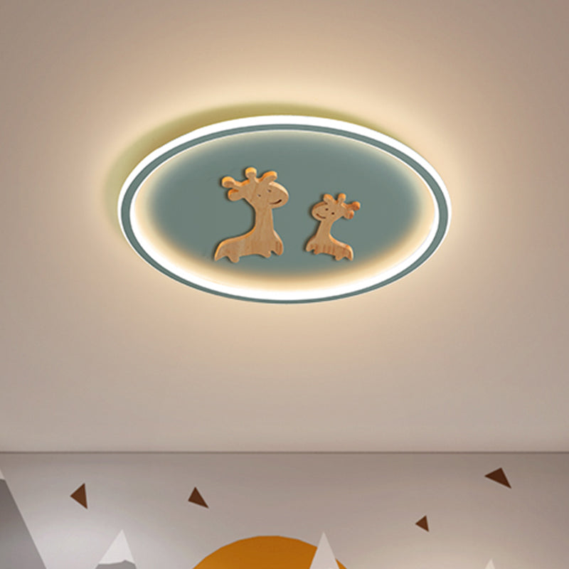 Kids Deer Pattern Oval Flush Mount Light - Acrylic Led Ceiling Lamp For Bedroom (Blue/Pink/Black)