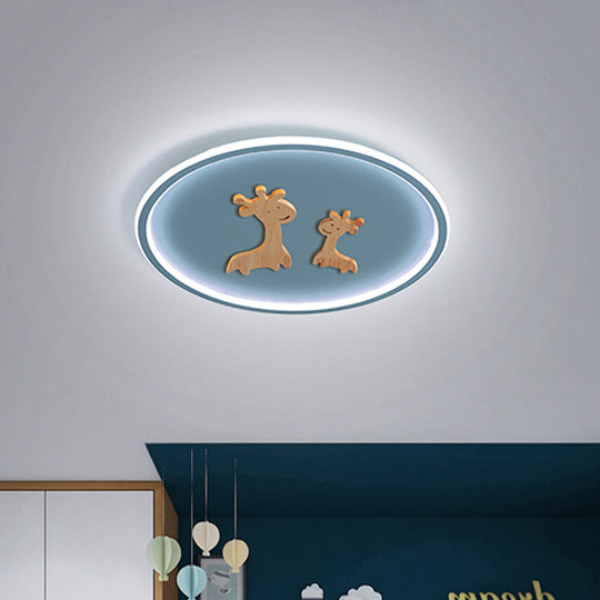 Kids Deer Pattern Oval Flush Mount Light - Acrylic Led Ceiling Lamp For Bedroom (Blue/Pink/Black)