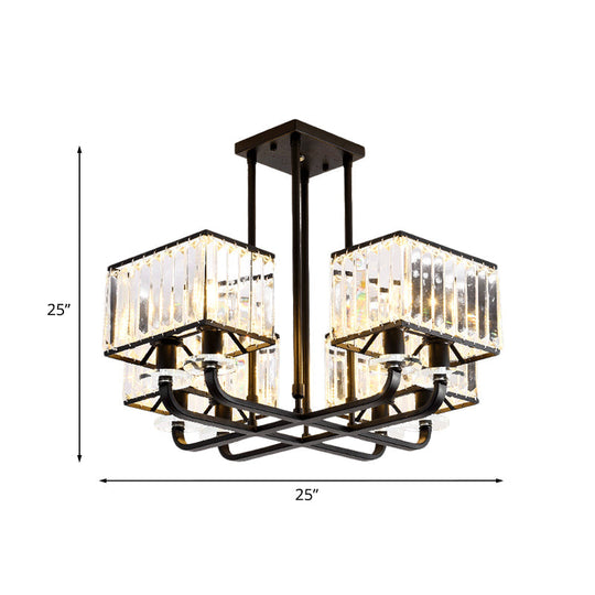 Black Crystal Block Semi Flush Mount Lighting With Minimalist Design - 6/8 Heads