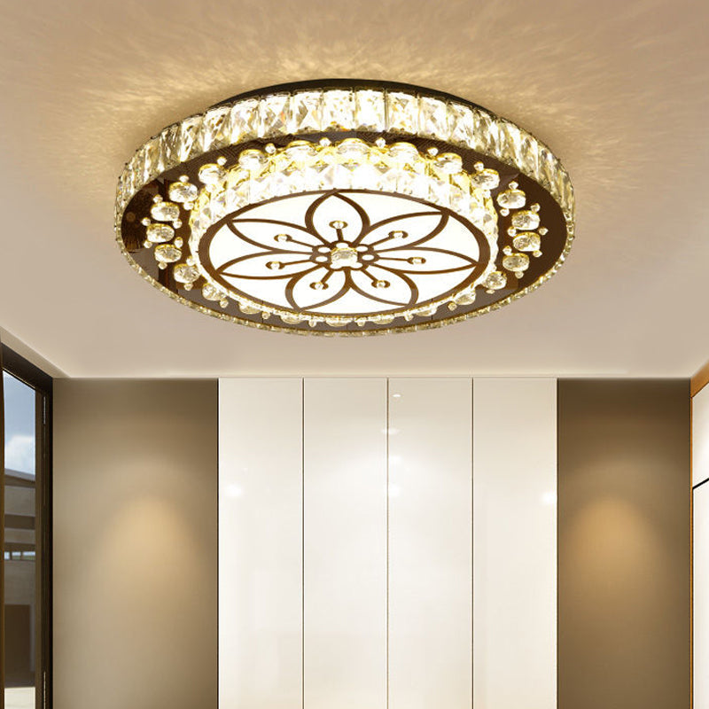 Led Crystal Flower Ceiling Light In Modern 2 - Layered Round Flush Mount Design - Nickel