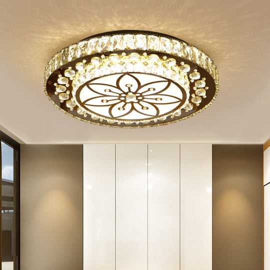 Led Crystal Flower Ceiling Light In Modern 2-Layered Round Flush Mount Design - Nickel