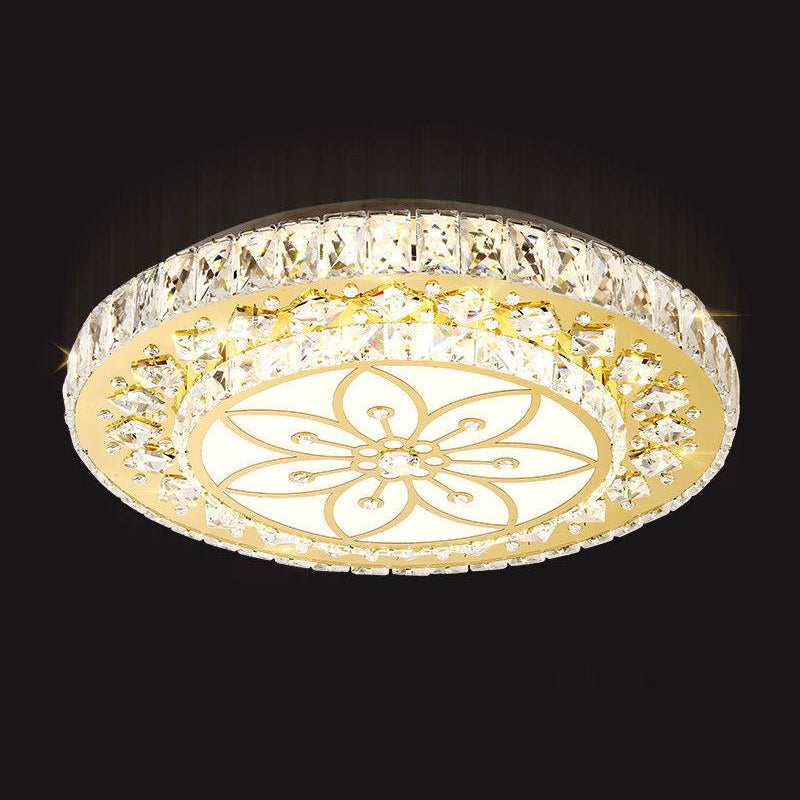 Led Crystal Flower Ceiling Light In Modern 2-Layered Round Flush Mount Design - Nickel