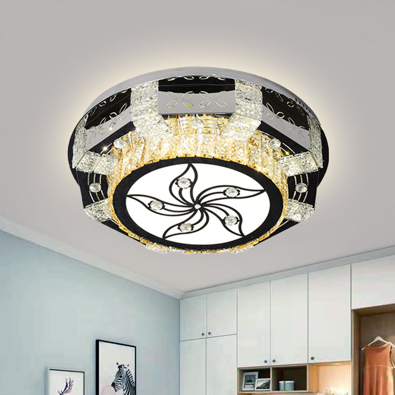 Modern Led Flush Mount Ceiling Light Fixture With Crystal Block Drum Shade In Nickel - Flower/Four