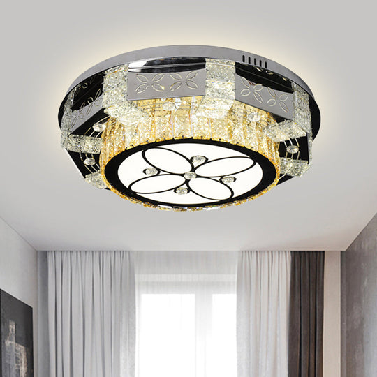 Modern Led Flush Mount Ceiling Light Fixture With Crystal Block Drum Shade In Nickel -