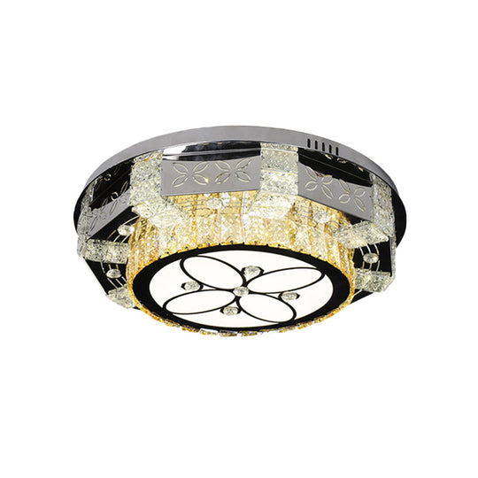 Modern Led Flush Mount Ceiling Light Fixture With Crystal Block Drum Shade In Nickel - Flower/Four