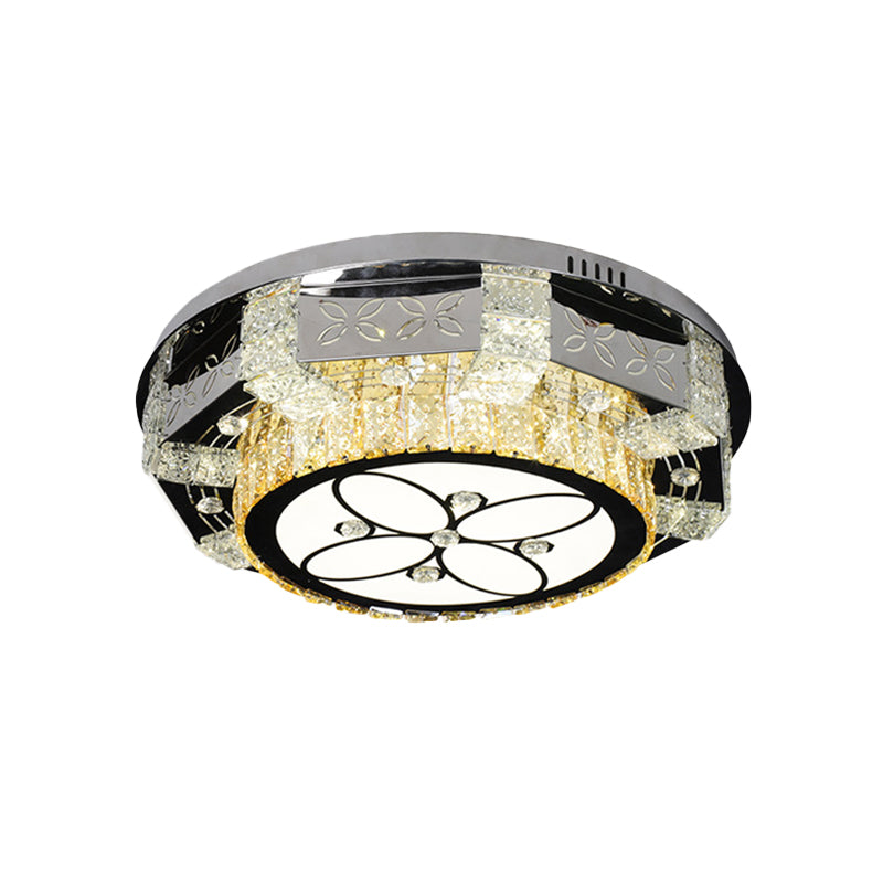 Modern Led Flush Mount Ceiling Light Fixture With Crystal Block Drum Shade In Nickel -