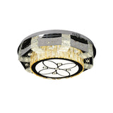 Modern Led Flush Mount Ceiling Light Fixture With Crystal Block Drum Shade In Nickel -