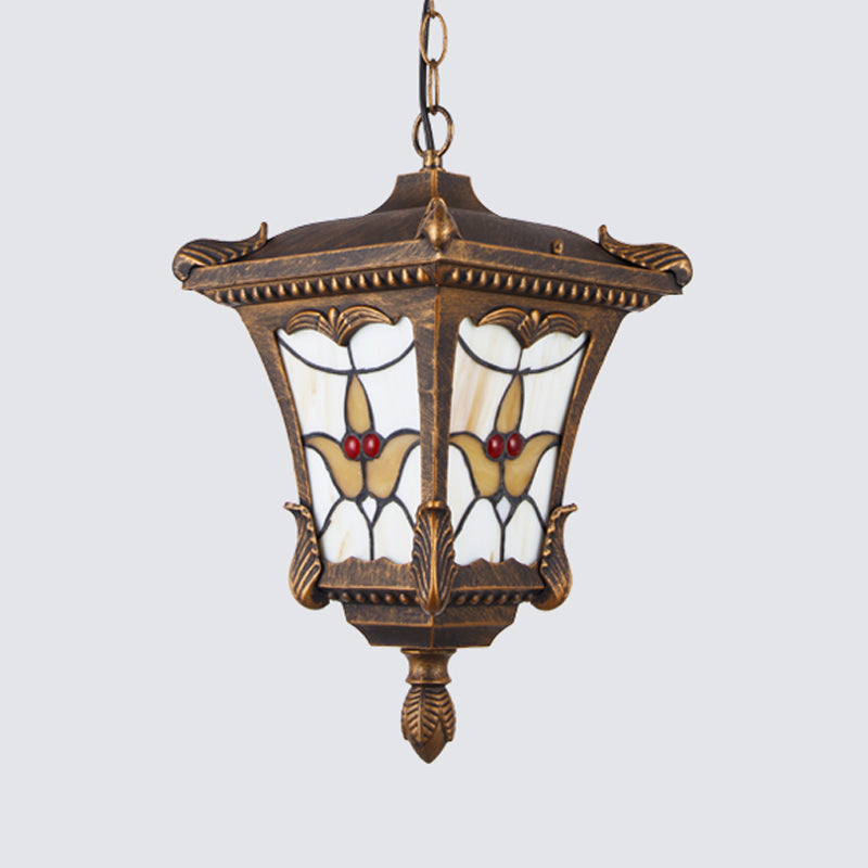 Traditional Metal Pendant Lamp With Rust/Bronze Finish - 1-Head Ceiling Fixture Flower Pattern