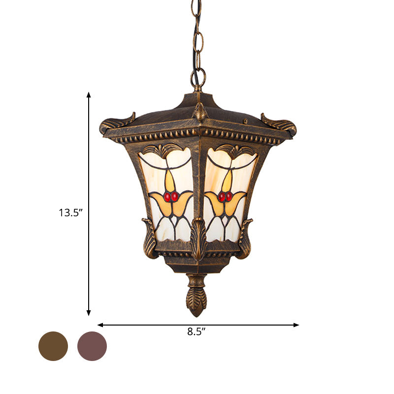 Traditional Metal Pendant Lamp With Rust/Bronze Finish - 1-Head Ceiling Fixture Flower Pattern