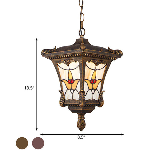 Traditional Metal Pendant Lamp With Rust/Bronze Finish - 1-Head Ceiling Fixture Flower Pattern