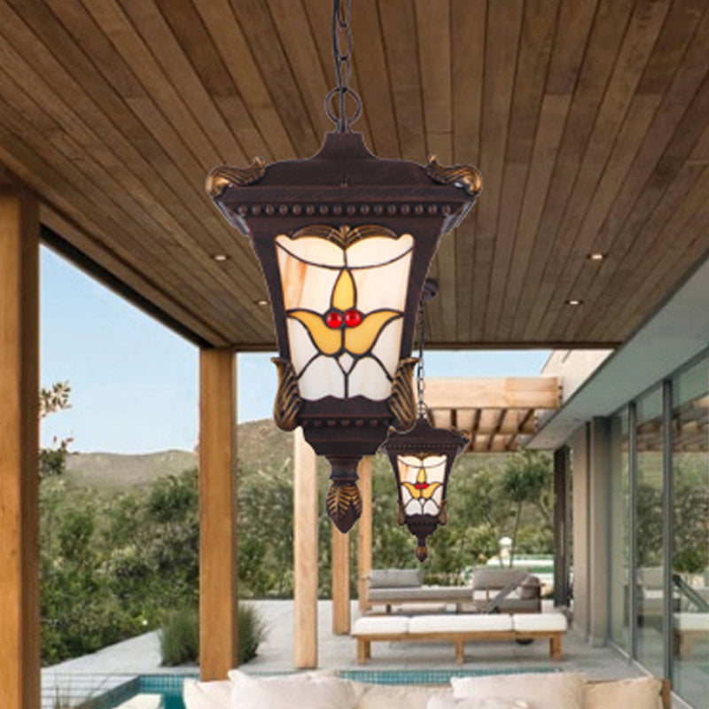 Traditional Metal Pendant Lamp With Rust/Bronze Finish - 1-Head Ceiling Fixture Flower Pattern