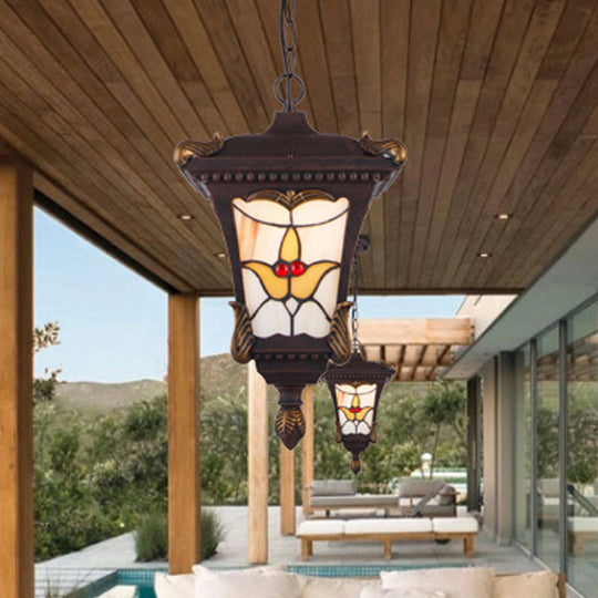 Traditional Metal Pendant Lamp With Rust/Bronze Finish - 1-Head Ceiling Fixture Flower Pattern
