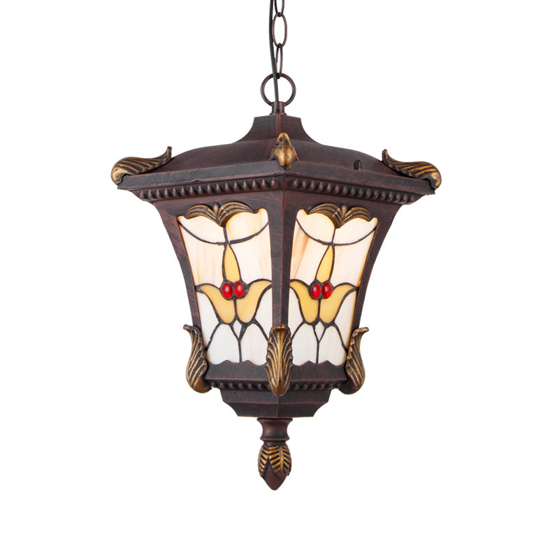 Traditional Metal Pendant Lamp With Rust/Bronze Finish - 1-Head Ceiling Fixture Flower Pattern