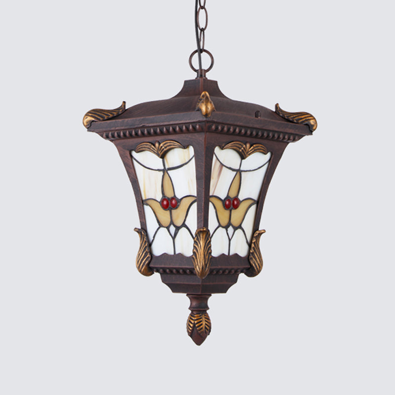 Traditional Metal Pendant Lamp With Rust/Bronze Finish - 1-Head Ceiling Fixture Flower Pattern