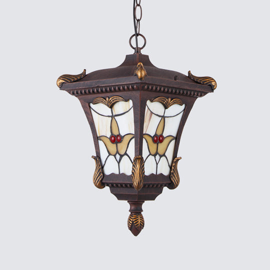 Traditional Metal Pendant Lamp With Rust/Bronze Finish - 1-Head Ceiling Fixture Flower Pattern