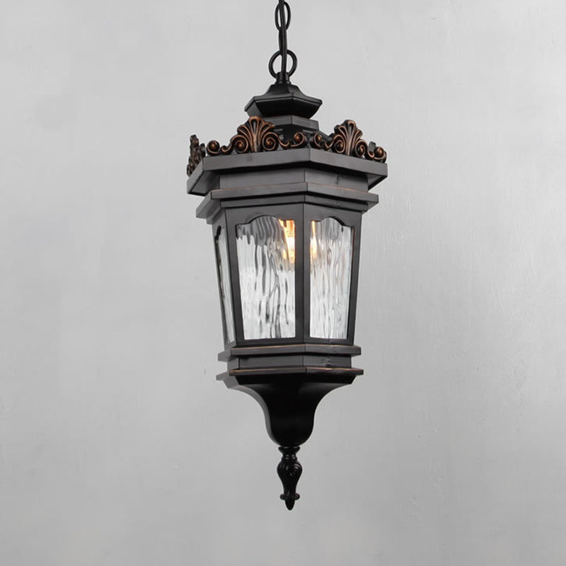 Classic Water Glass Lantern Pendant Ceiling Light In Black - 1 Head Down Lighting For Corridors