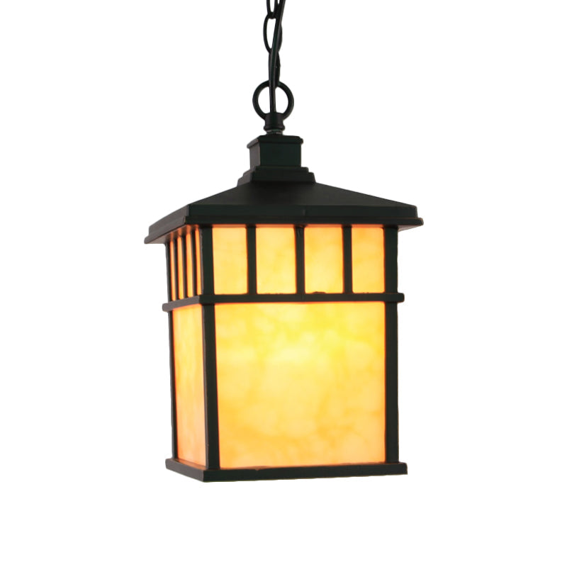 Traditional Frosted Glass Lantern Pendant: 1-Light Black Suspension Light For Corridors