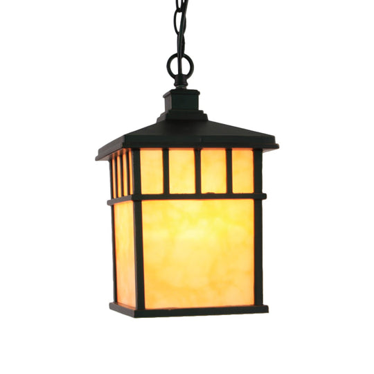 Traditional Frosted Glass Lantern Pendant: 1-Light Black Suspension Light For Corridors