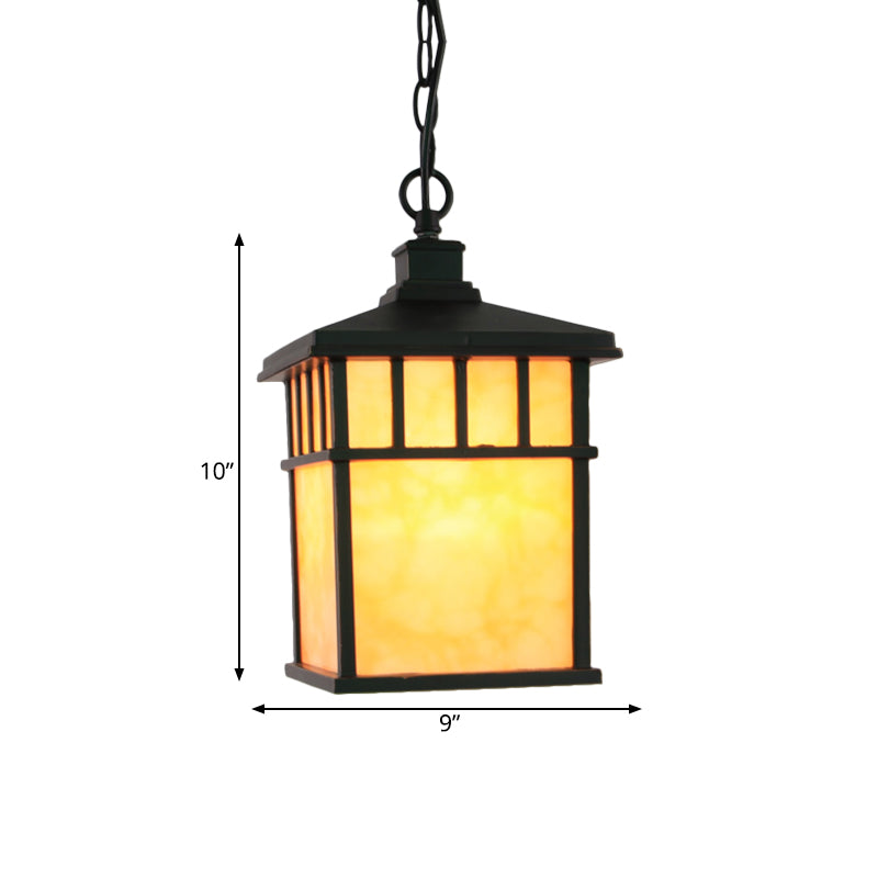 Traditional Frosted Glass Lantern Pendant: 1-Light Black Suspension Light For Corridors