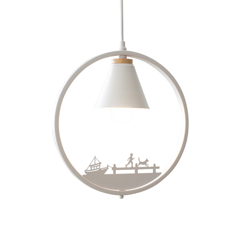 Nordic Style Pendant Lamp With Iron Cone Shade & Paper Cutting Decoration- Black/White 1 Bulb