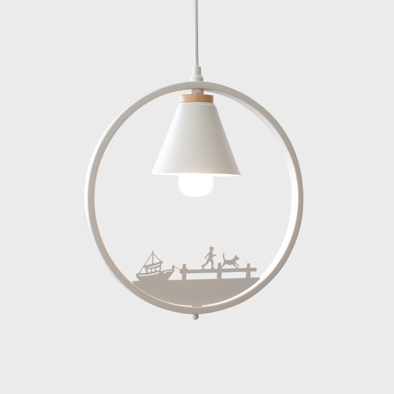 Nordic Style Pendant Lamp With Iron Cone Shade & Paper Cutting Decoration- Black/White 1 Bulb
