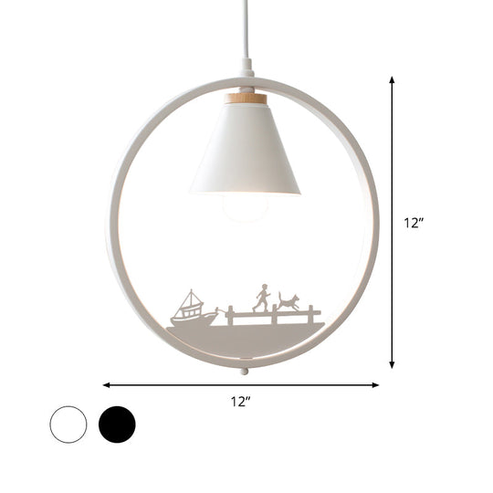 Nordic Style Pendant Lamp With Iron Cone Shade & Paper Cutting Decoration- Black/White 1 Bulb
