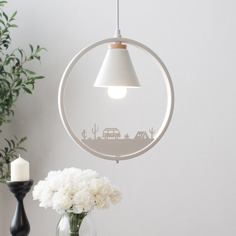 Nordic Style Pendant Lamp With Iron Cone Shade & Paper Cutting Decoration- Black/White 1 Bulb