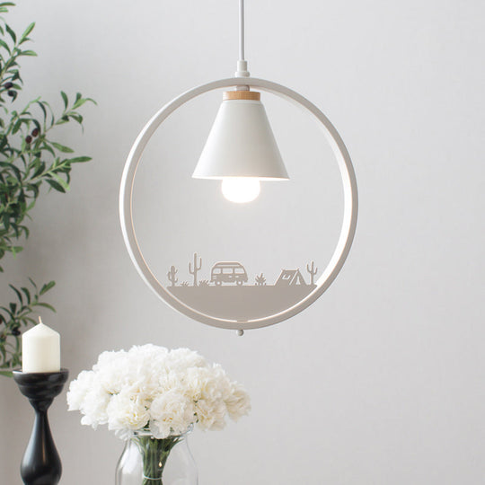 Nordic Style Pendant Lamp With Iron Cone Shade & Paper Cutting Decoration- Black/White 1 Bulb