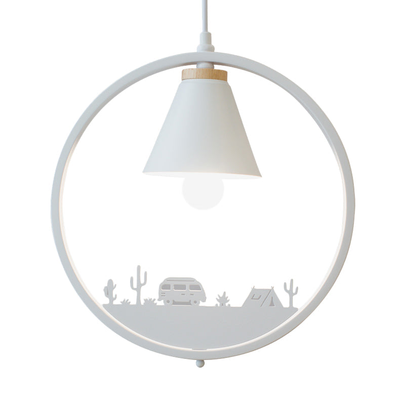 Nordic Style Pendant Lamp With Iron Cone Shade & Paper Cutting Decoration- Black/White 1 Bulb