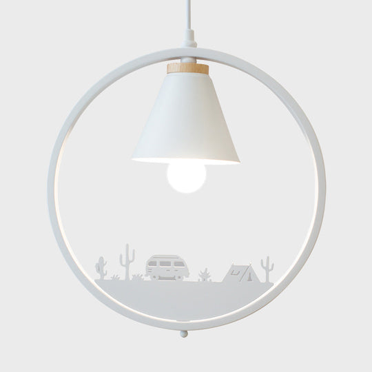 Nordic Style Pendant Lamp With Iron Cone Shade & Paper Cutting Decoration- Black/White 1 Bulb
