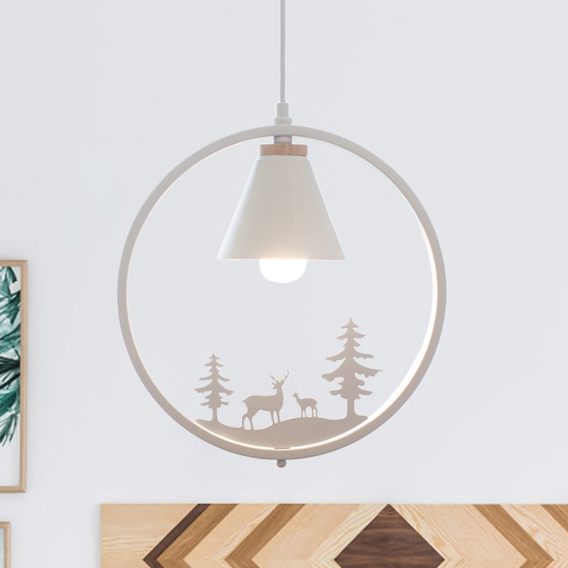 Nordic Style Pendant Lamp With Iron Cone Shade & Paper Cutting Decoration- Black/White 1 Bulb