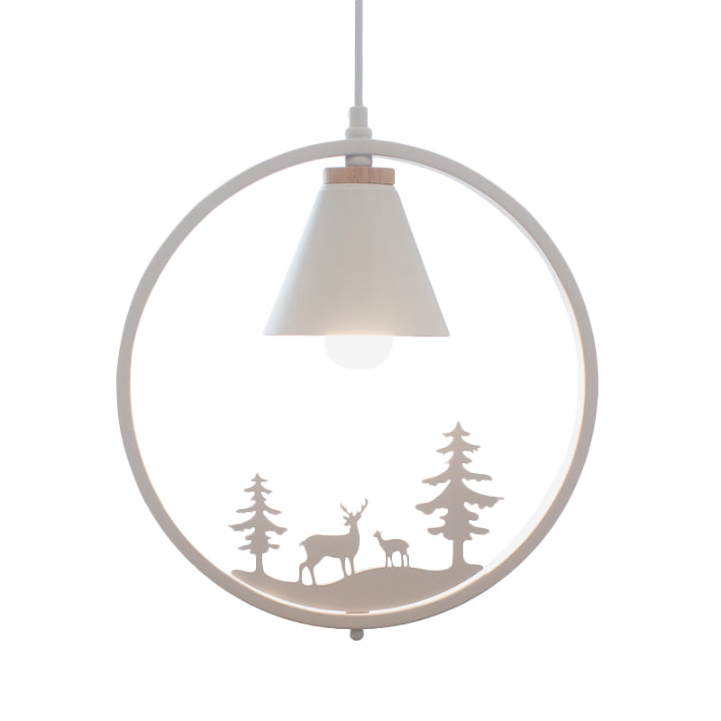 Nordic Style Pendant Lamp With Iron Cone Shade & Paper Cutting Decoration- Black/White 1 Bulb