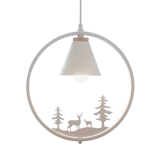 Nordic Style Pendant Lamp With Iron Cone Shade & Paper Cutting Decoration- Black/White 1 Bulb