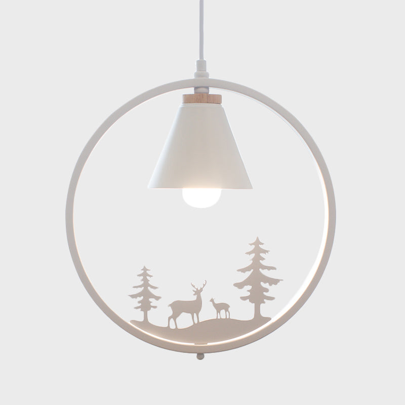 Nordic Style Pendant Lamp With Iron Cone Shade & Paper Cutting Decoration- Black/White 1 Bulb