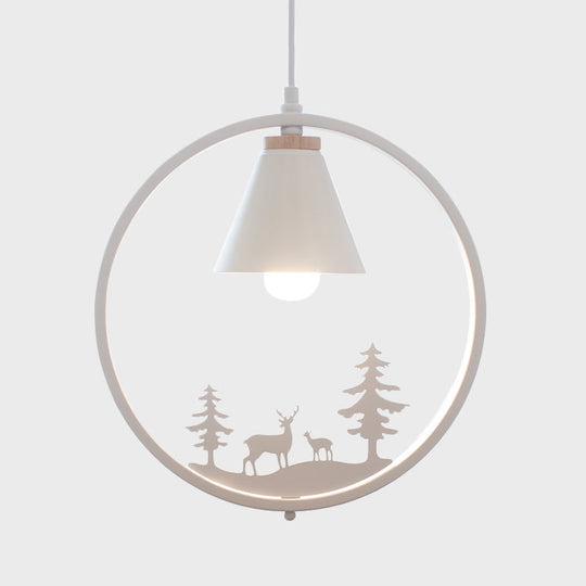Nordic Style Pendant Lamp With Iron Cone Shade & Paper Cutting Decoration- Black/White 1 Bulb