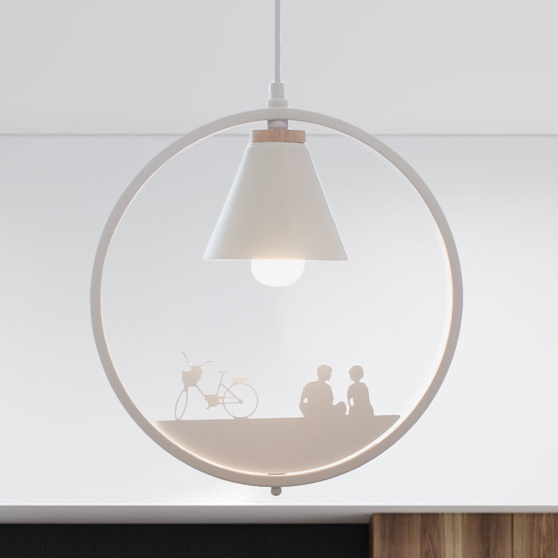 Nordic Style Pendant Lamp With Iron Cone Shade & Paper Cutting Decoration- Black/White 1 Bulb