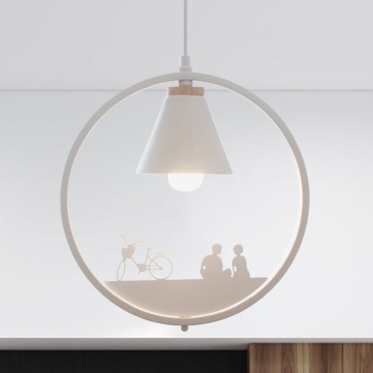 Nordic Style Pendant Lamp With Iron Cone Shade & Paper Cutting Decoration- Black/White 1 Bulb