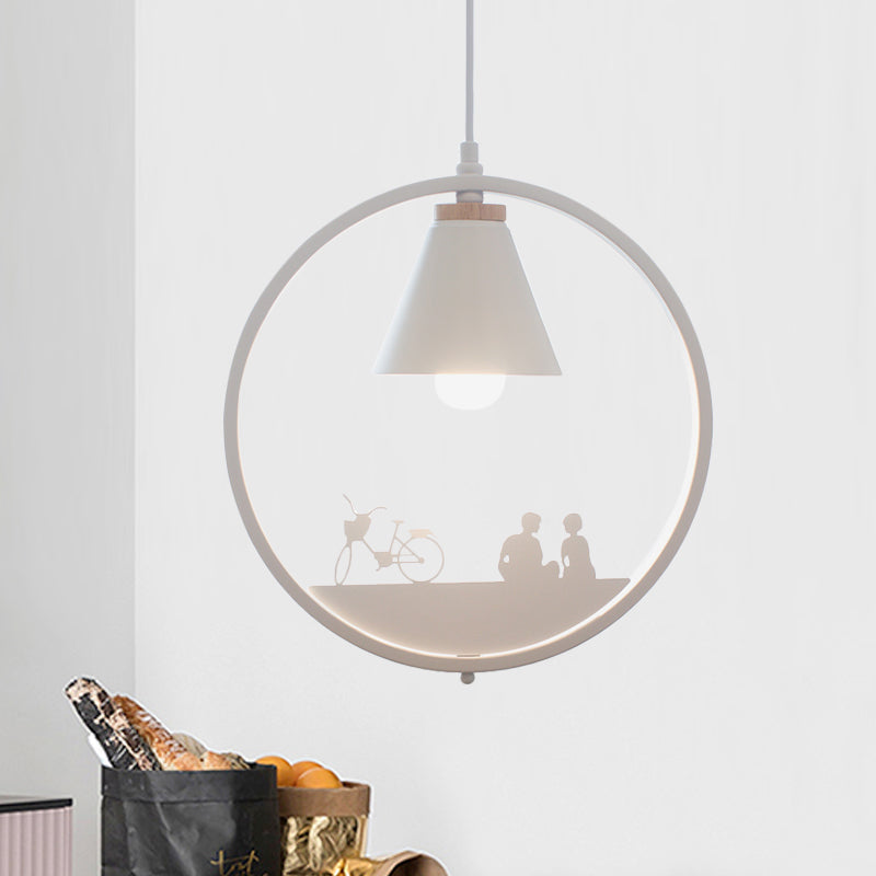 Nordic Style Pendant Lamp With Iron Cone Shade & Paper Cutting Decoration- Black/White 1 Bulb
