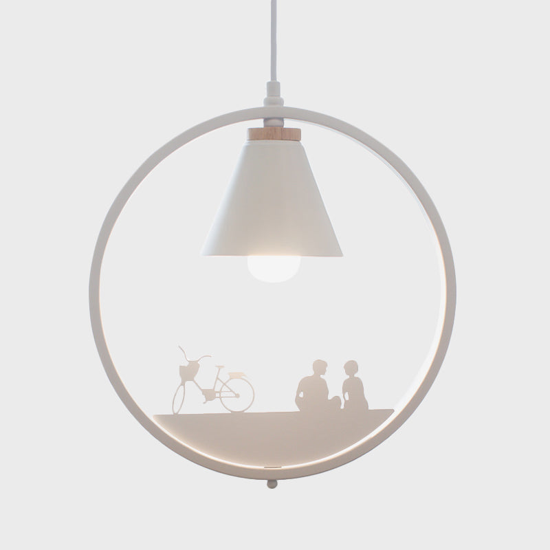 Nordic Style Pendant Lamp With Iron Cone Shade & Paper Cutting Decoration- Black/White 1 Bulb