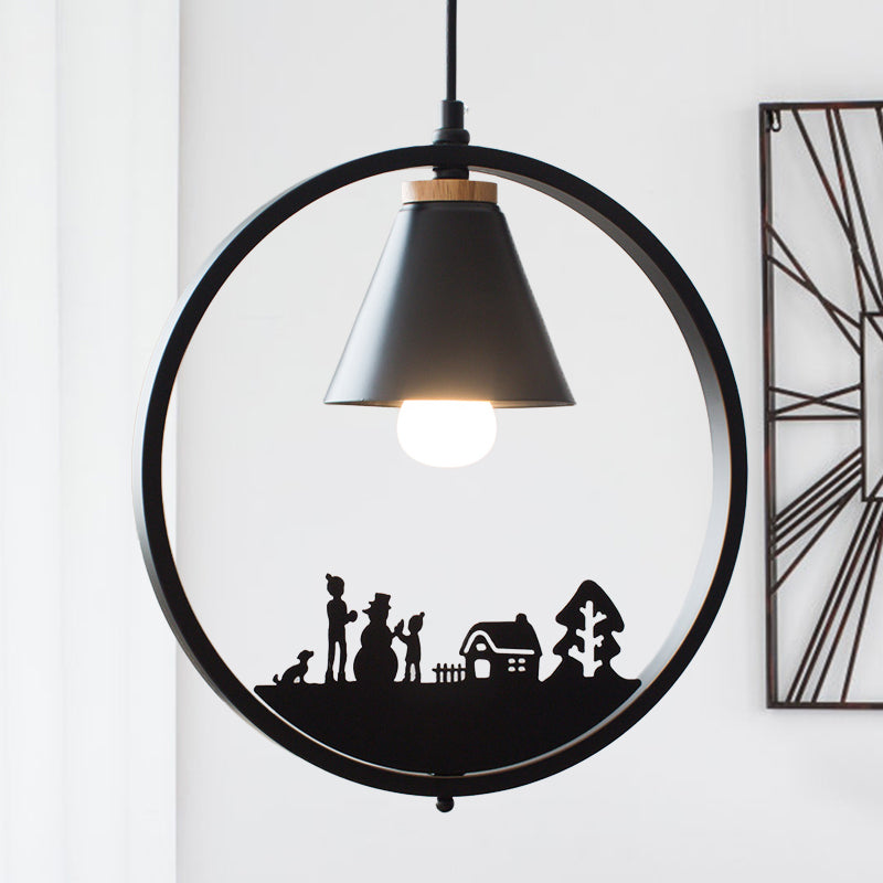 Nordic Style Pendant Lamp With Iron Cone Shade & Paper Cutting Decoration- Black/White 1 Bulb Black